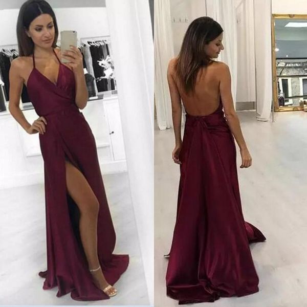 2017 Abiti da ballo sexy bordeaux senza schienale Lunghi economici Halter Seta elastica come abiti da festa formali con spacco laterale in raso Custom Made EN8107