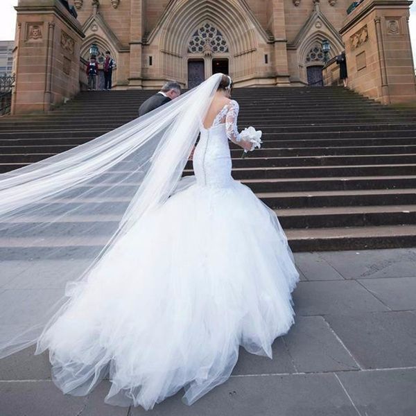 

2017 new romantic lace mermaid wedding dresses sheer long sleeves v-neck backless appliques classic fishtail bridal gowns, White