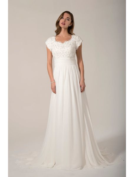 Nuovi abiti da sposa modesti country a-line di design lunghi con maniche ad aletta con perline in pizzo e gonna in chiffon abiti da sposa informali del tempio