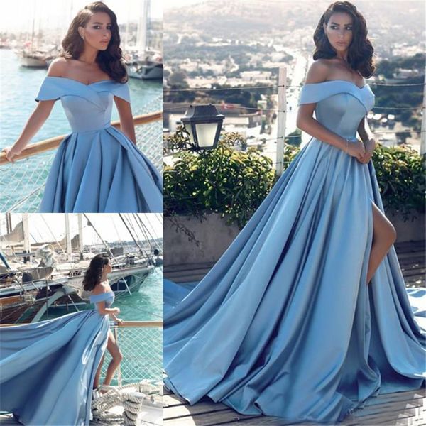 

elegant off the shoulder front split long prom gowns modern arabic light blue formal evening dresses, Black