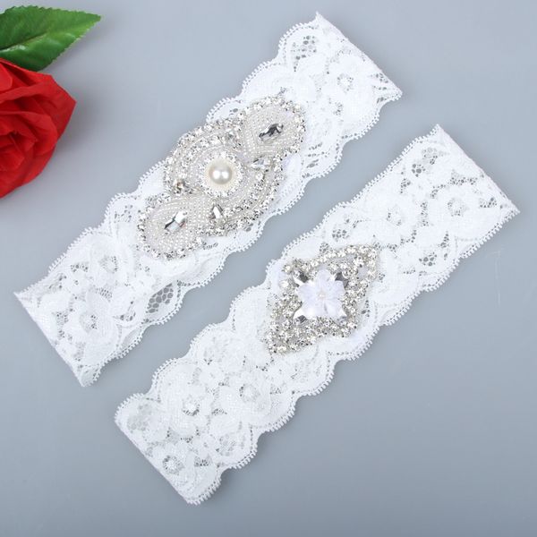

bridal garters 2 pieces set lace wedding bridal garter set pearls handmade flower rhinestones vintage prom gift in stock, White