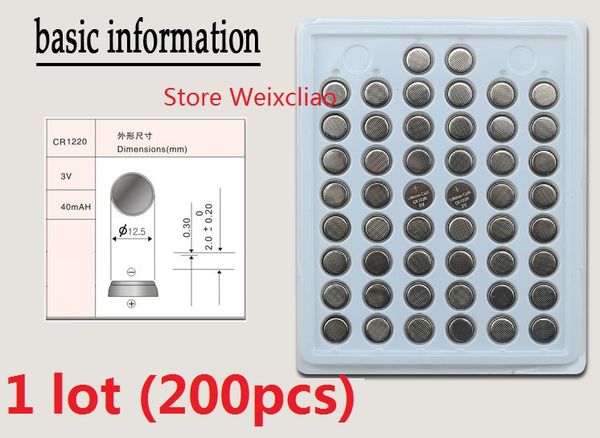 

200pcs 1 lot cr1220 3v lithium li ion button cell battery cr 1220 3 volt li-ion coin batteries tray package ing