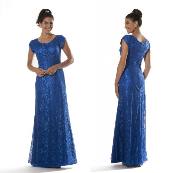 Königsblaue Spitze lange bescheidene Brautjungfernkleider Ärmel Schatz einfache Vintage Frauen formale Abend Hochzeit Party Kleid nach Maß