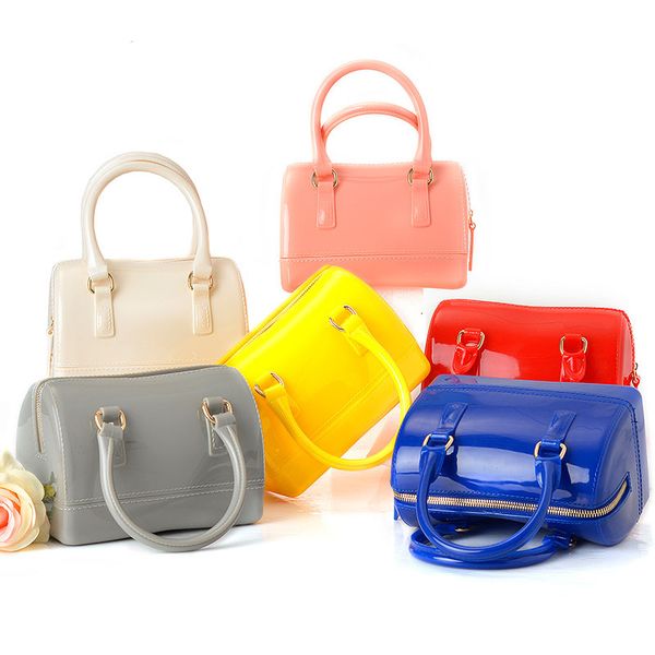 

wholesale- small size 17cm (6.69") pvc mini women jelly handbag kids pillow shoulder bag candy color silicon tote beach messenger bag b