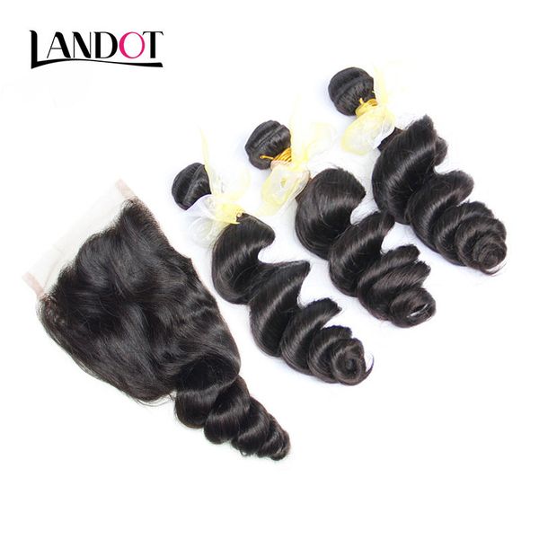 

4pcs/lot peruvian virgin hair loose wave with closure peruvian loose deep lace closures and 3 bundles peruvian virgin human hair weaves, Black