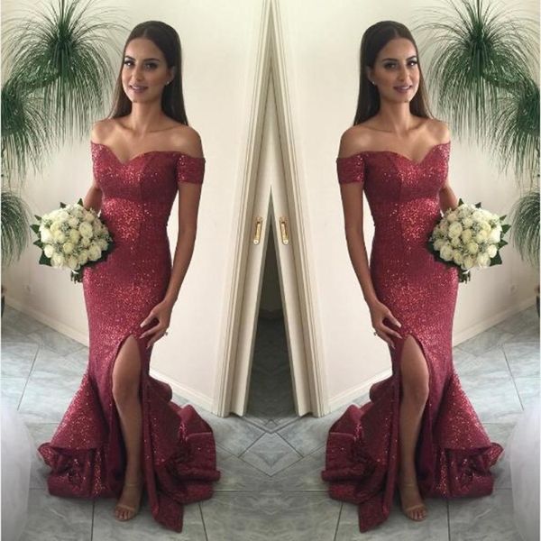 

2020 cranberry mermaid prom dresses off the shoulder split front sparkling sequin evening gown burgundy tired skirts court train ba1066
