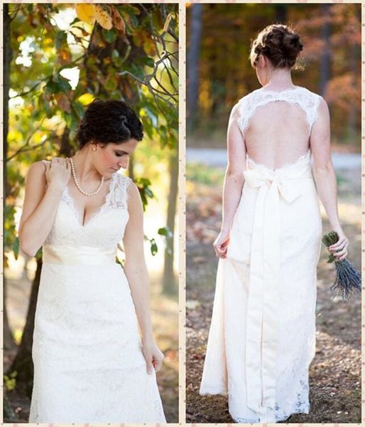 

empire lace wedding dresses backless v neck ribbon sash floor length plus size garden wedding bridal gowns custom size, White