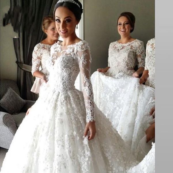

new celebrity wedding dresses with veil lace vintage style modest women long sleeves plus size train bridal ball gowns, White