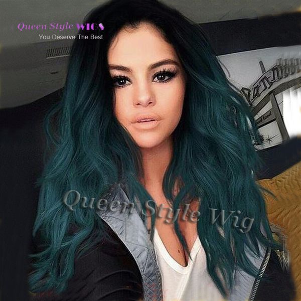 Selena Gomez Dark Blue Wig Two Tone Black Ombre Turquoise Teal Blue Green Synthetic Lace Front Wig Glueless Women Lace Front Wig Men Wigs Ladies Wigs