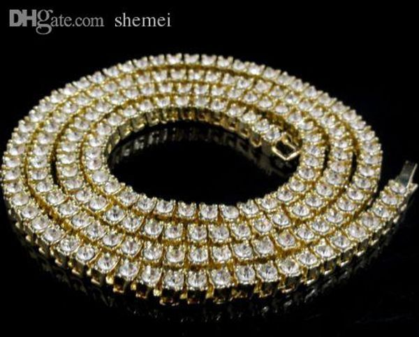 

Wholesale-Mens 14k Gold Iced Out 1 Row Tennis Chain HipHop Necklace Bling Steampunk Necklace