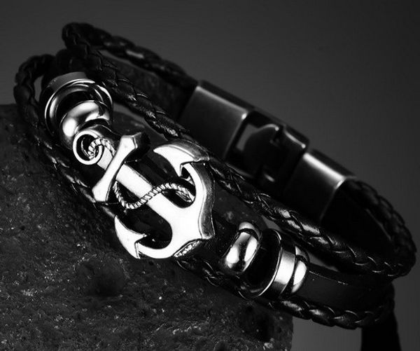

Мода Якорь Кожаные Браслеты Браслеты Для Мужчин Три Слоя Плетеный Браслет Черный