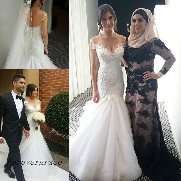 

vintage dubai mermaid wedding dress saudi arabic see through button back lace appliques formal bridal gown plus size custom made, White