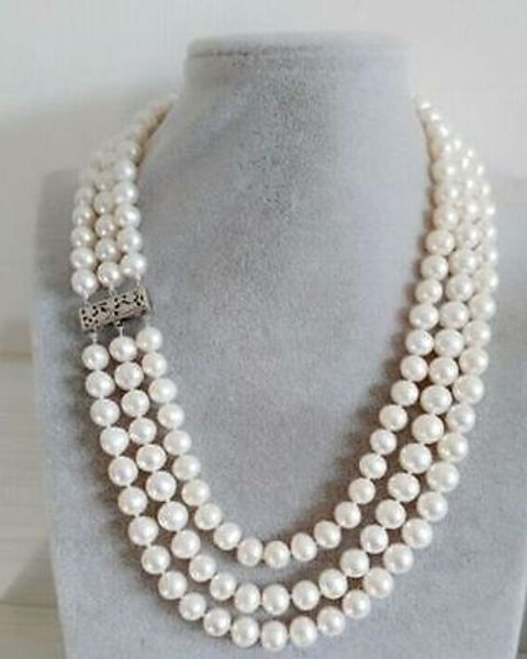 Dreisträngige natürliche 8–9 mm weiße Perlenkette aus der Südsee