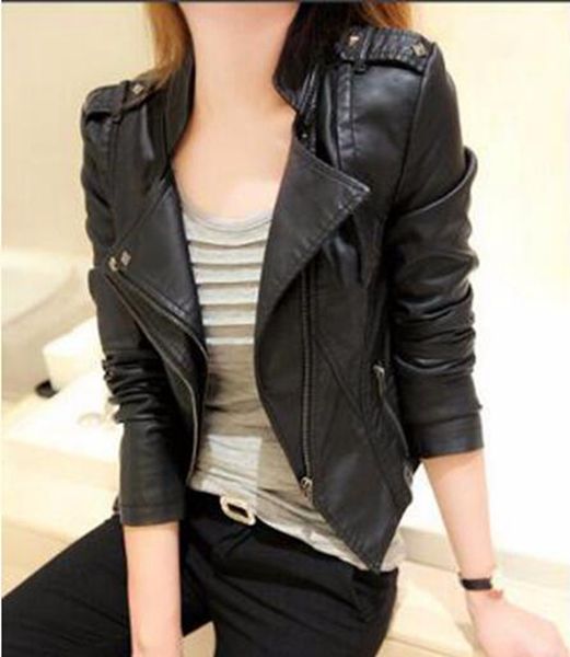 

women qiu dong han edition business english new fashion boutique personality big yards of locomotive leather coat / s-3xl, Black