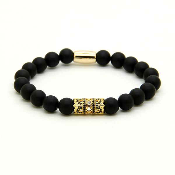 Leistungsstarke Männer Gold Schmuck Großhandel 8mm Schwarz Matte Achat Stein Perlen Mit Exquisite Micro Inlay Zirkon Charm Armband