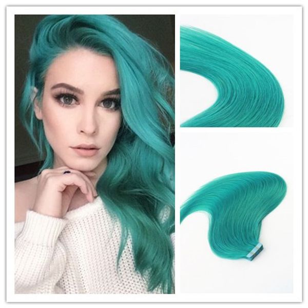 Teal Color Seamless Tape In Remy Hair Extensions Virgin Human Hair