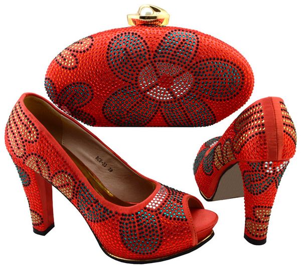 

gorgeous red ladies pumps with rhinestone decoration african shoes match handbag set for party dress bch-33,heel .5cm, Black