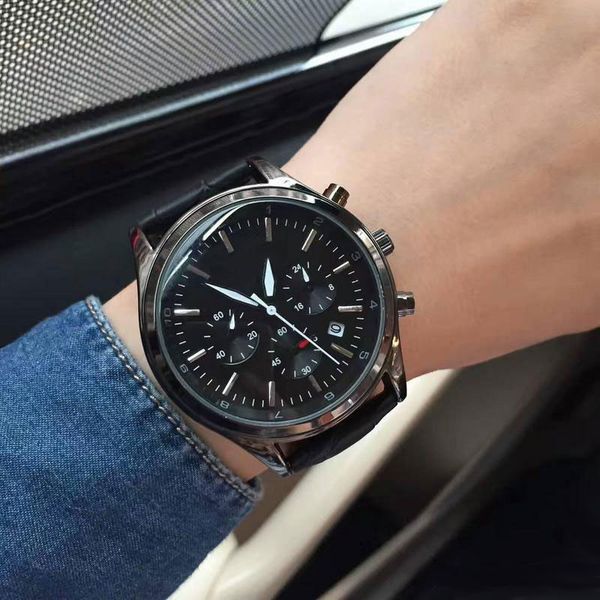 

Top brand luxury Mens watches Genuine Leather band 3 Eyes work Quartz Stop watch for men Automatic Date High quality Clock Reloj Hombre