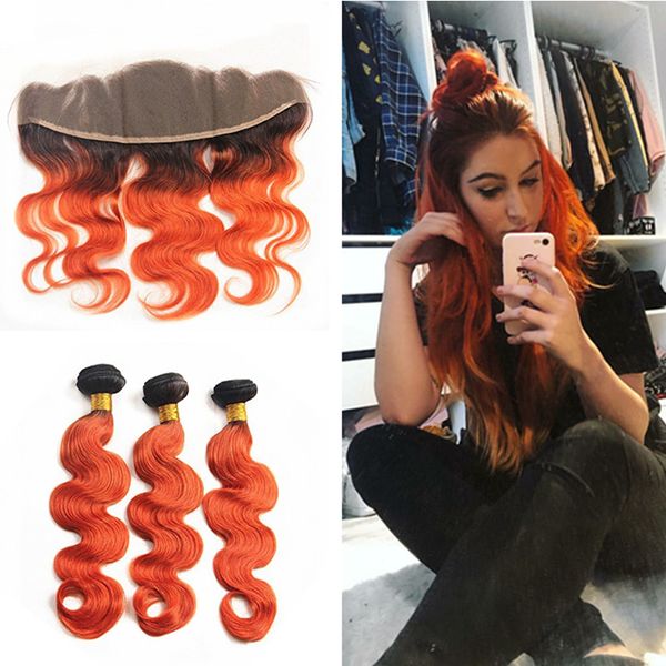 Dark Roots Ombre Orange Hair Extension With Frontal Closure Ombre