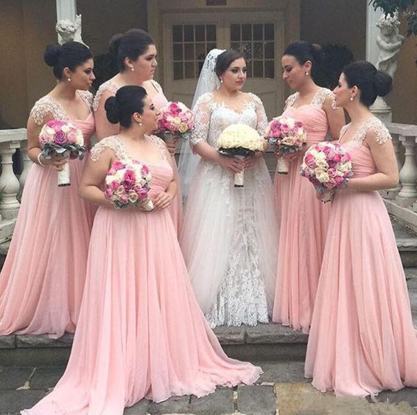 

2017 new pink cap sleeves lace applique long bridesmaid dresses pearls floor length plus size maid of honor gowns evening party wear custom, Blue;red