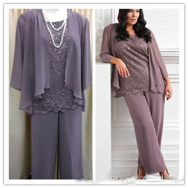 

Real Sample New Fashion 2019 Three Pieces Lace Chiffon Mother's Pants Suit Purple Long Mother of the bride Dress Wedding Party Gown