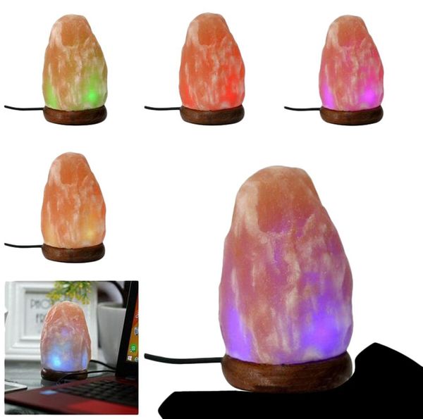 Lampada di sale dell'Himalaya in cristallo naturale intagliato a mano con luci notturne, base in vero legno di Neem, lampadina a LED multicolore e presa USB