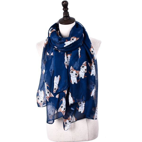 

2018 new fashionable lightweight lovely navy burgundy cat animals print long scarf soft wraps for womens mother gifts, Blue;gray