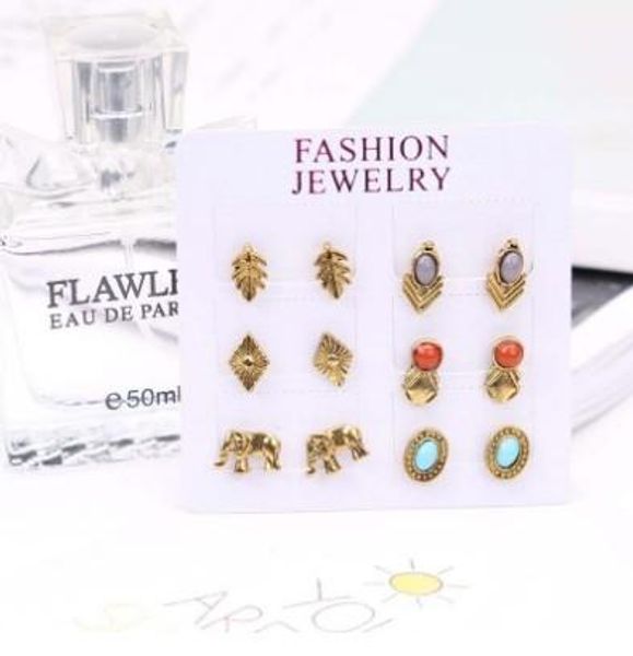 

punk stud earring sets( 6 pairs each sets) fake gemstone decorated elephant decorated elephant, leaf geometric ear studs, Golden;silver