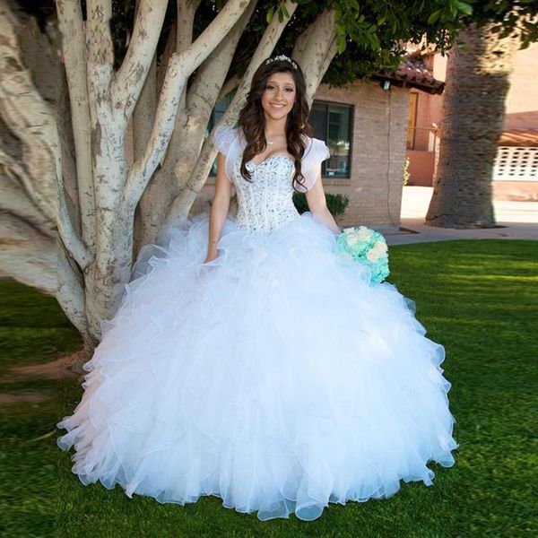 

Bling Bling sheer Neck White quinceanera dresses With Jacket Stunning ruffles Sweety vestido debutante plus size Dresses dresses 15 years