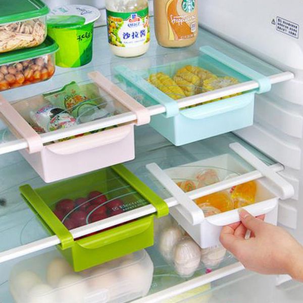 Plástico cozinha geladeira rack de armazenamento geladeira freezer prateleira titular pull-out gaveta organizador economizador de espaço xjy29