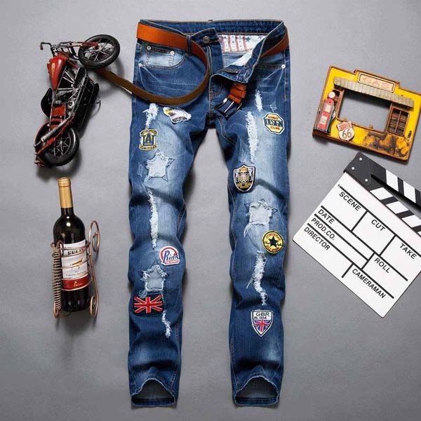 

wholesale- slim fit mens ripped patch jeans pants designer distressed jean trousers for male straight blue denim joggers with patches q2627