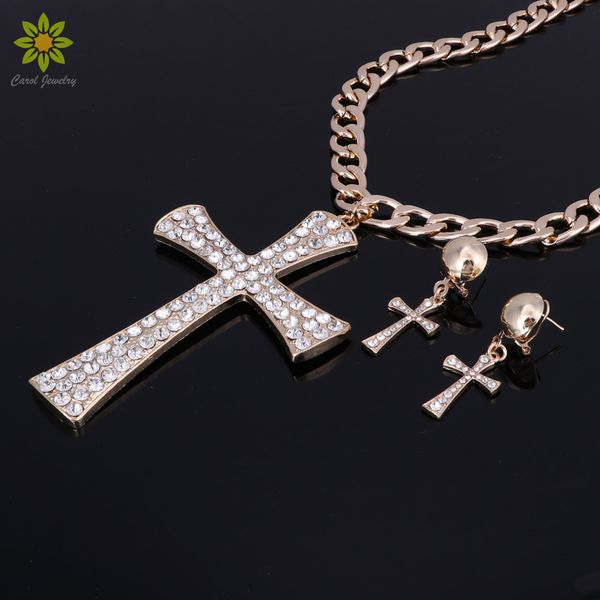 

new fashion jewelry set gold metal chunky chain clear crystal big cross pendant necklace set for women, Slivery;golden