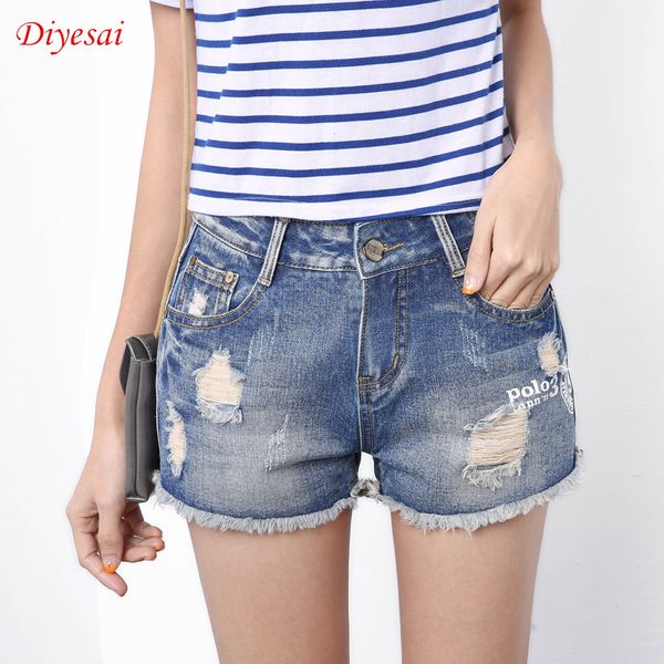 

wholesale- diyesai "women 's jeans 2017 personality hole printed denim shorts recreational style vogue female summer tassel pants, Blue