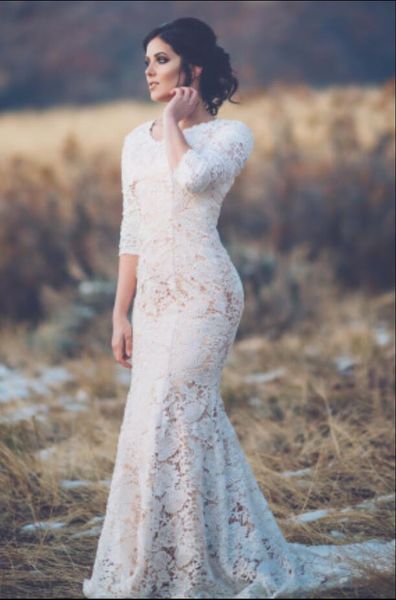 Abiti da sposa modesti vintage in pizzo a sirena champagne con maniche a 3/4 con scollo a V corsetto abiti da sposa occidentali all'aperto in stile country