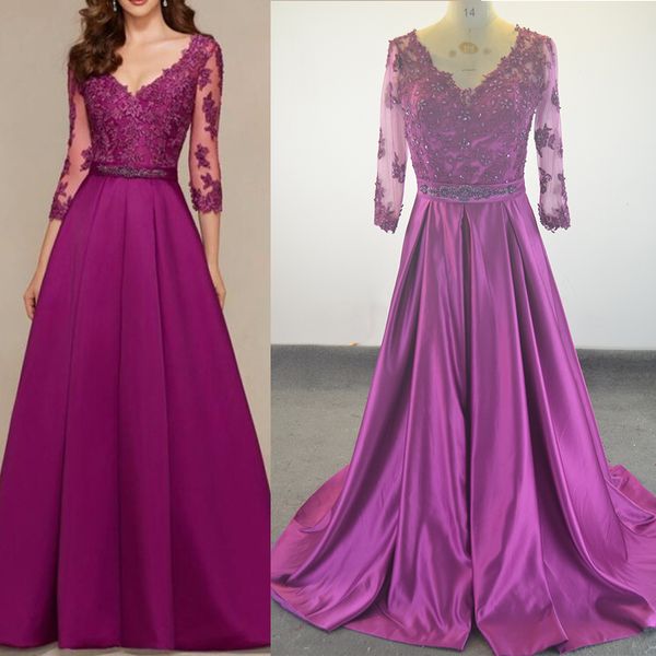 

elegant v-neck a-line sweep train appliques evening dress long sleeves real sample prom dresses robe de soiree evening party dress, Black;red