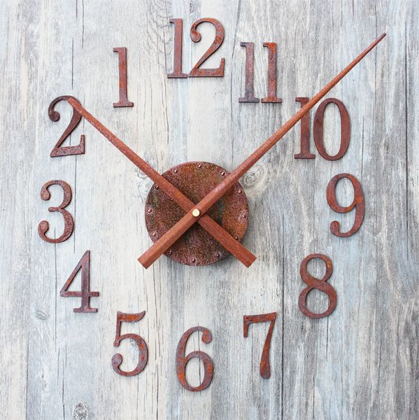 

wholesale- new creative fashion pointer reversed diy vintage old rusted metal texture wall clock saat despertador digital clock mechanism