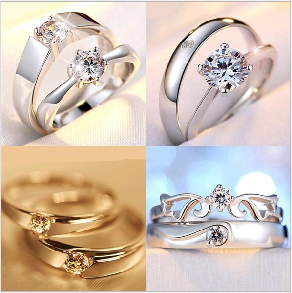 Mix Silver Couple Rings Heart Shaped Ajustável Halo Diamante Cubic Zircon Noivado Wedding Band Ring Set Atacadistas baratos