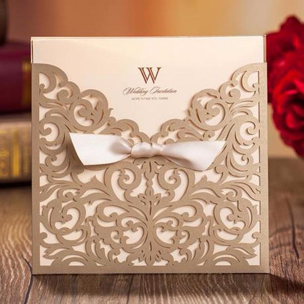 

Whole ale 50pc lot gold paper elegant la er cut wedding invitation with ribbon hipping