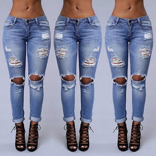 

wholesale- fashion women ladies jeans ripped skinny denim hole cut high waisted trousers, Blue