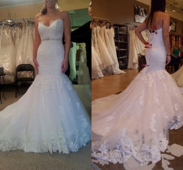 

Luxury Applique Crystal Mermaid Wedding Dresses With White Sweetheart Sleeveless Open Back Sweep Train Bridal Gown New 2017