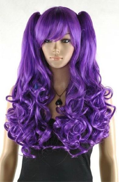 Оптовая бесплатная доставка Новая Лолита темно-фиолетовый длинные вьющиеся женские косплей + 2 парик аниме хвост