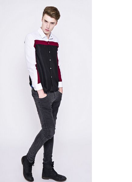 

wholesale- mytlfashion men's casual personality shirt three color patchwork camisas slim long sleeve chemise homme size -xxl, White;black