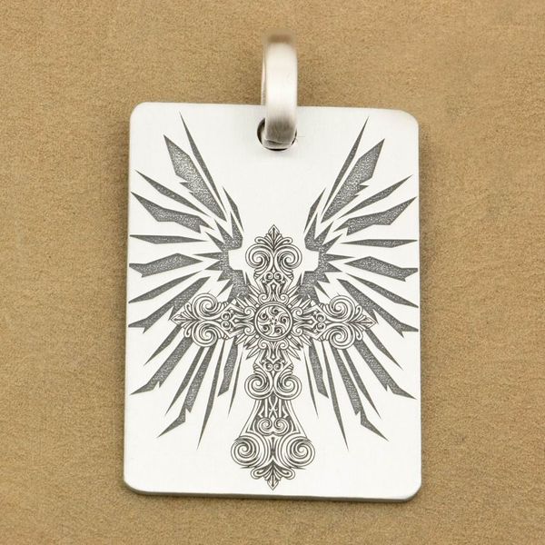 

linsion deep engraved high detail customizable 925 sterling silver cross wing dog tag biker rocker punk pendant 9x011 just pendant