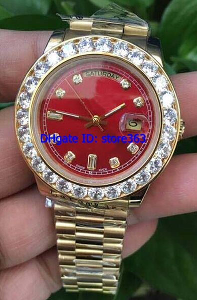 

factory wholesale watches 18k mens yellow gold president 36mm red dialt diamond watch*007--040, Slivery;brown
