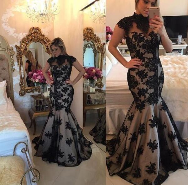 

2018 barbara melo high neck cap sleeves evening dresses black applique lace prom dress backless mermaid formal party gowns, Black;red
