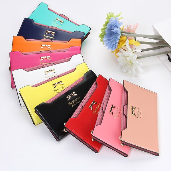 

fashion korean bow pattern women long purse zipper hasp open style pu leather candy colors multi bits credit card holder wallets, Red;black