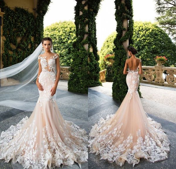 

Milla Nova 2018 Designer Mermaid Wedding Dresses Illusion Neck Capped Sleeves Full Lace Appliqued Backless Bridal Dress