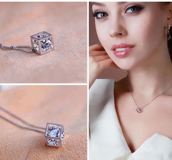

2017 fashion women stereo cube diamond necklace silver gold jewelry necklace alloy pendant necklace valentine's day present