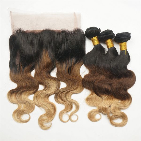 

#1b/4/27 360 lace band frontal with body wave virgin human hair bundles honey blonde hair weft with 360 lace frontal, Black