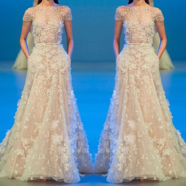 

новые elie saab платья вечерняя одежда illusion 2017 бисер 3d цветочные аппликация с коротким рукавом пром платья тюль длинное формальное ве, Black;red